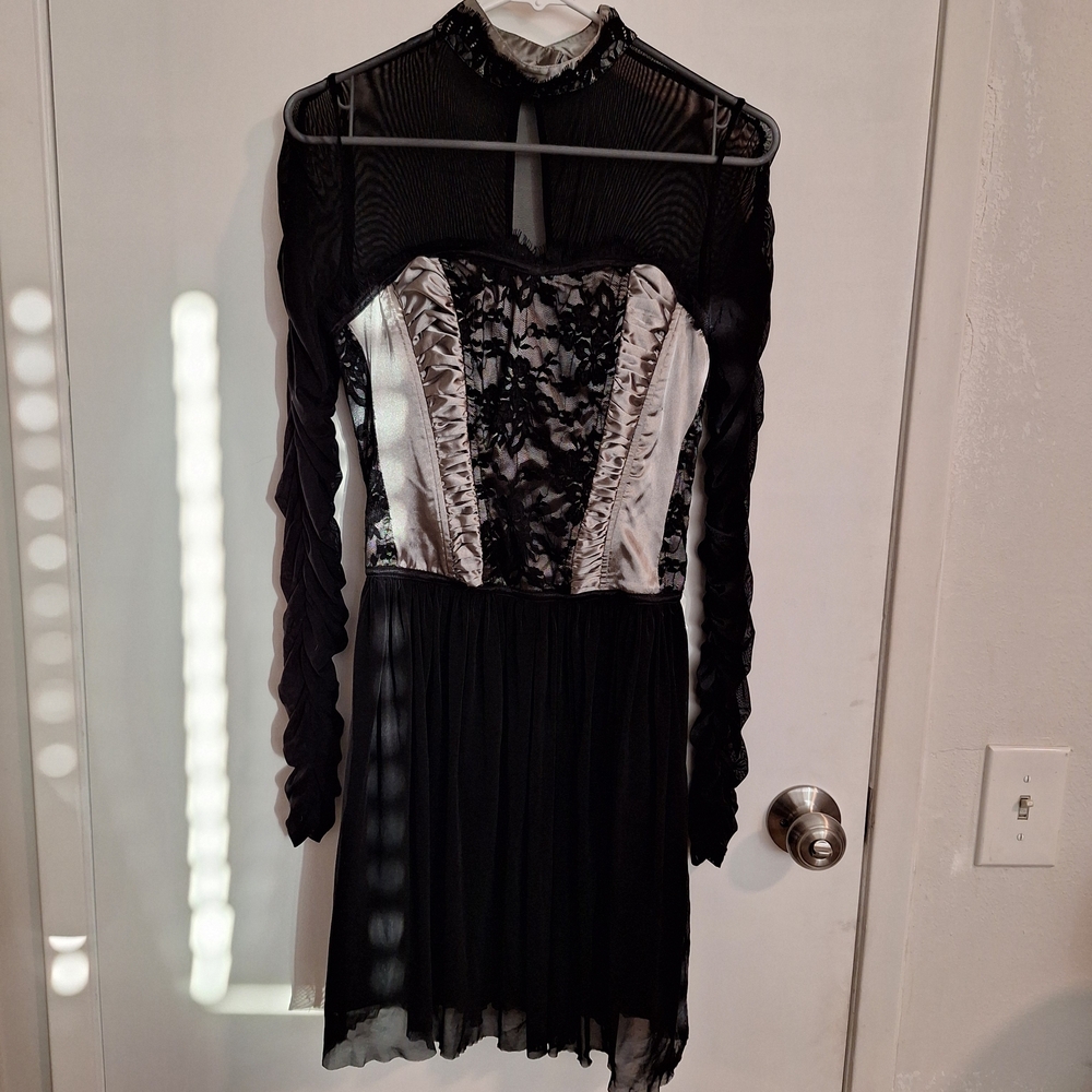 Gothic Black Lace And Mesh Elegant Long Sleeve Corset Dress